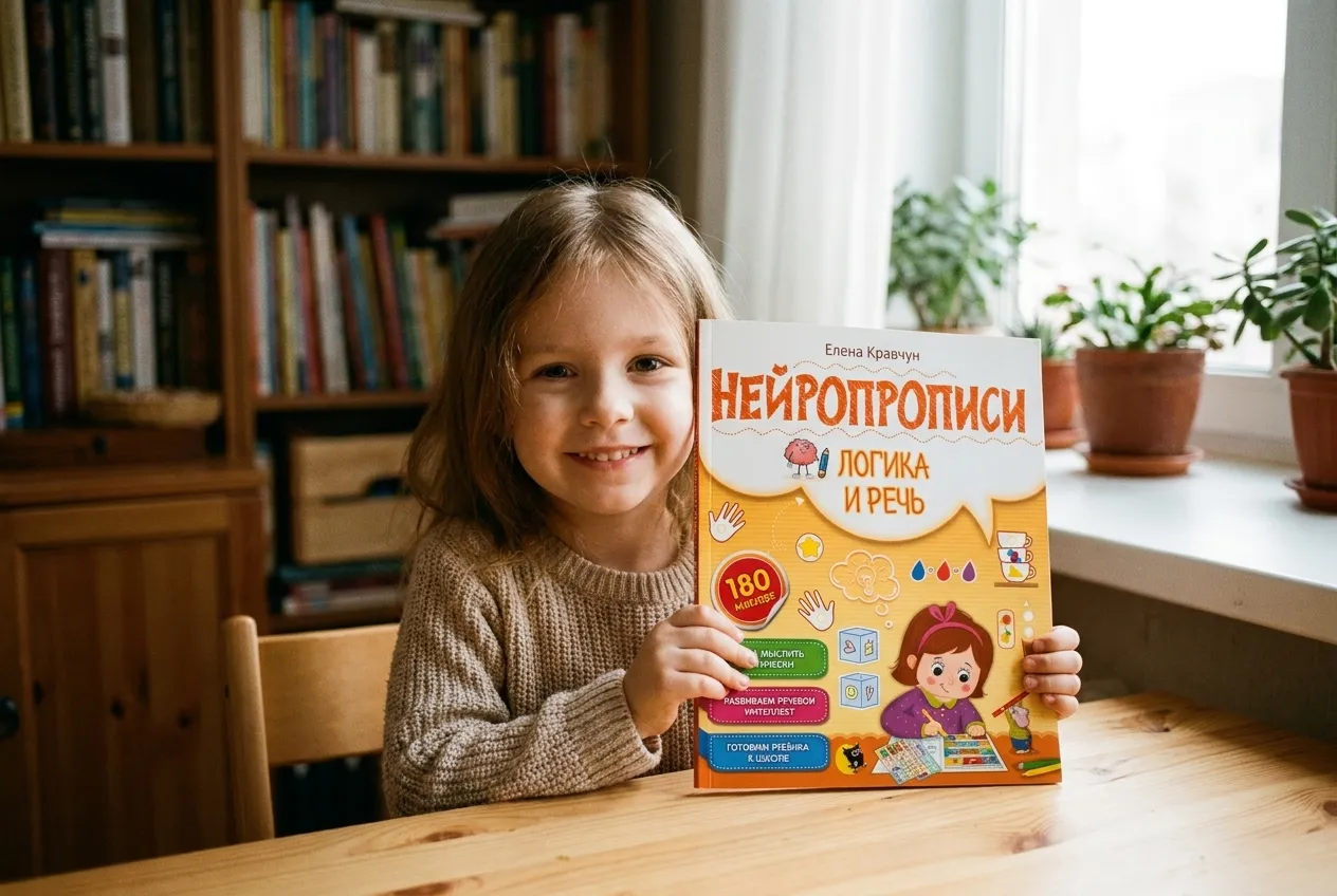 Девочка держит тетрадь «Нейропрописи. Логика и речь»