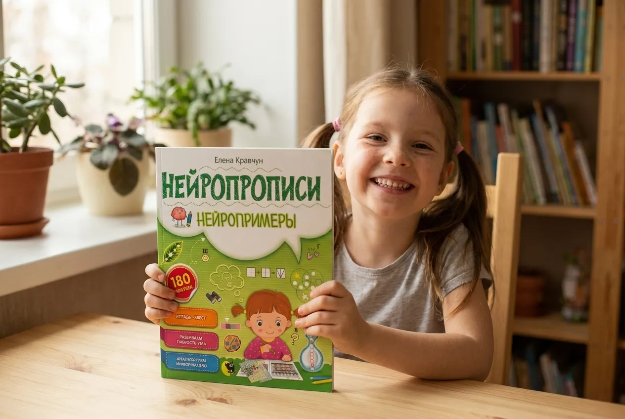 Девочка держит тетрадь «Нейропрописи. Нейропримеры»