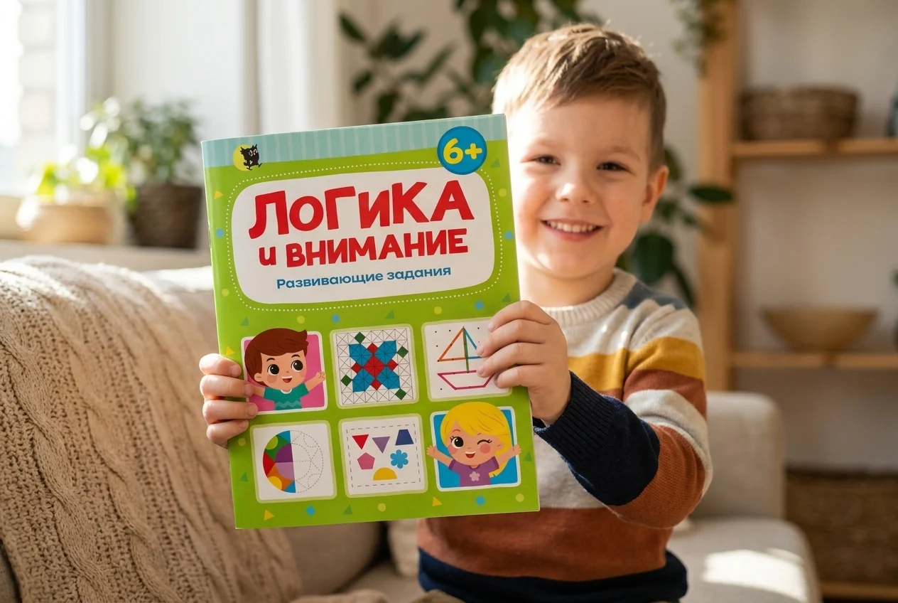 Ребёнок за письменным столом решает задание из тетради «Логика и внимание»