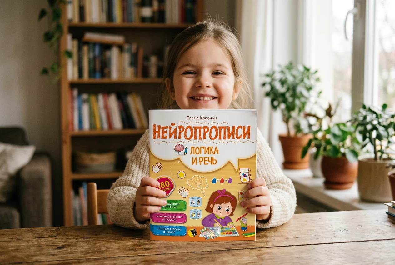 Тетрадь «Нейропрописи. Логика и речь» раскрыта на столе, ребёнок приклеивает наклейку на страницу с заданием