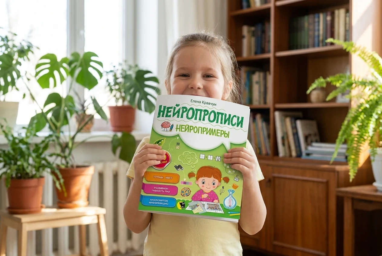 Девочка держит тетрадь «Нейропрописи. Нейропримеры»