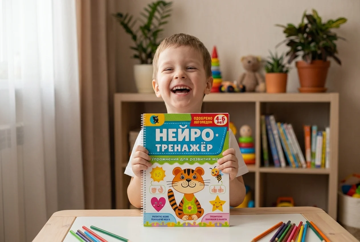Мальчик держит тетрадь «Нейротренажёр» для детей 4–6 лет