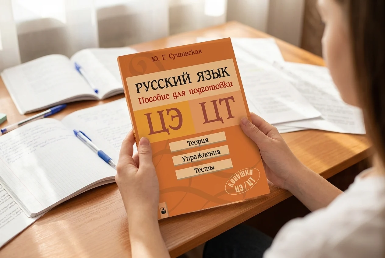 Разворот пособия по русскому языку для подготовки к ЦЭ и ЦТ со схемами и таблицами