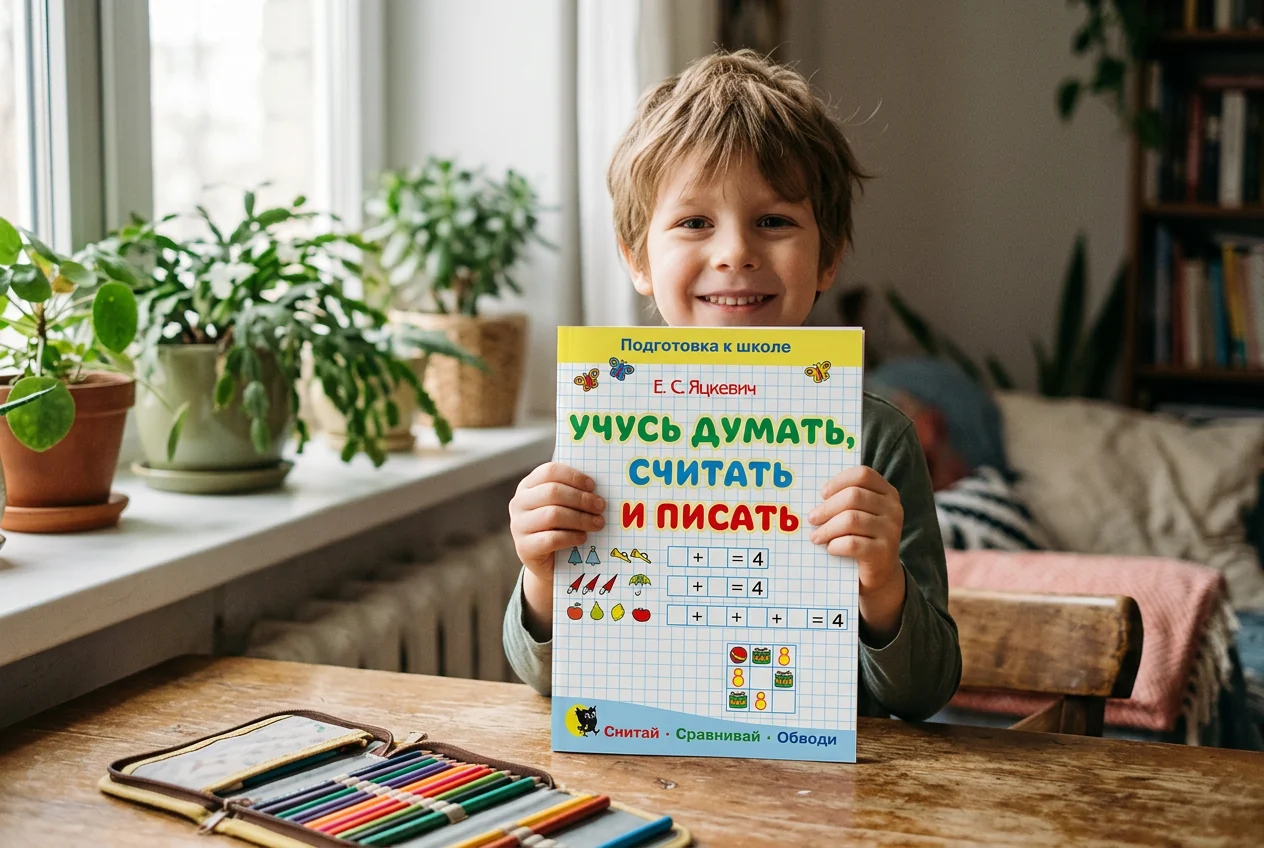 Мальчик-дошкольник пишет карандашом в тетради, мама показывает на задание
